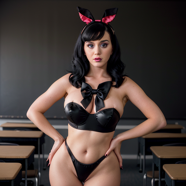 epiCRealism, Katy Perry in a black bunny outfit and tiny bikini with black bunny ears and a black bow on her neck show big breast and butt with spread 2 her leg, standing in a classroom teaching, full shot, deep photo, depth of field, Superia 400, bokeh, realistic lighting, professional colorgraded, a male