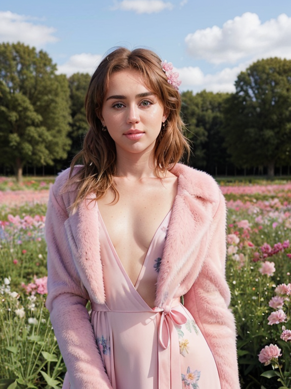 a photo of a beautiful, cute, A cute girl, beautiful, Miley Cyrus, pink dress, pink fur coat, brown hair, blue eye, In the flower field , blue eyes, shiny skin, freckles, detailed skin, price labels, a masterpiece
