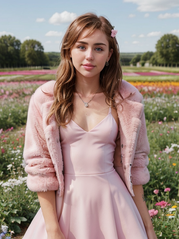 a photo of a beautiful, cute, A cute girl, beautiful, Miley Cyrus, pink dress, pink fur coat, brown hair, blue eye, In the flower field , blue eyes, shiny skin, freckles, detailed skin, price labels, a masterpiece