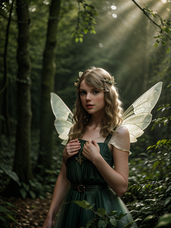 epiCRealism, A cute girl, beautiful, Taylor Swift, fairy, winged, in the forest, Sunlight shines through each leaf, shimmering dimly, full shot, deep photo, depth of field, Superia 400, bokeh, realistic lighting, professional colorgraded, a male