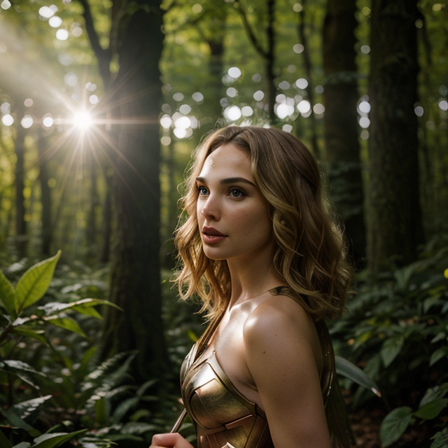 epiCRealism, Gal Gadot, a beautiful girl with fairy wings, in the forest, with blonde hair, the sun shines through each leaf, shimmering dimly., full shot, deep photo, depth of field, Superia 400, bokeh, realistic lighting, professional colorgraded, a male