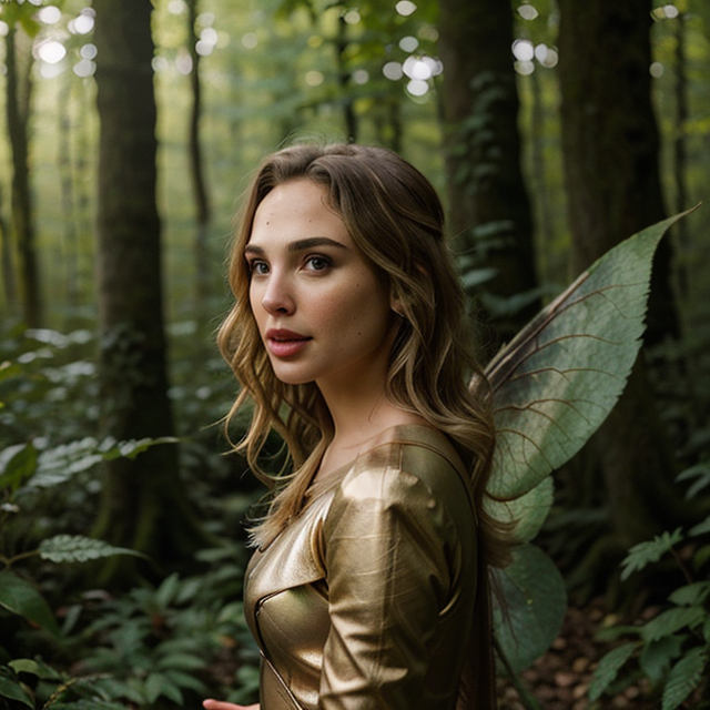 epiCRealism, Gal Gadot, a beautiful girl with fairy wings, in the forest, with blonde hair, the sun shines through each leaf, shimmering dimly., full shot, deep photo, depth of field, Superia 400, bokeh, realistic lighting, professional colorgraded, a male