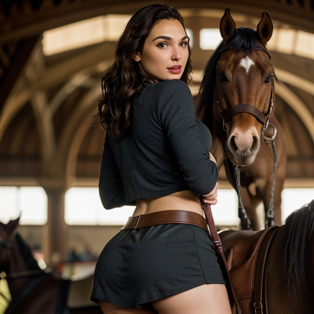 epiCRealism, Gal Gadot wears a short outfit that shows off her butt with her horse ready to ride , full shot, deep photo, depth of field, Superia 400, bokeh, realistic lighting, professional colorgraded, a male
