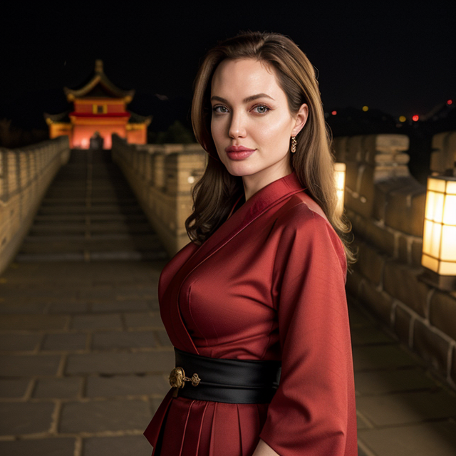 epiCRealism, Angelina Jolie smiled radiantly, wearing red Japanese style clothes, showing off her figure at the wonder of the Great Wall., full shot, deep photo, depth of field, Superia 400, bokeh, realistic lighting, professional colorgraded, a male