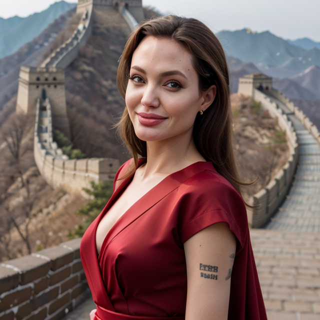 epiCRealism, Angelina Jolie smiled radiantly, wearing red Japanese style clothes, showing off her figure at the wonder of the Great Wall., full shot, deep photo, depth of field, Superia 400, bokeh, realistic lighting, professional colorgraded, a male