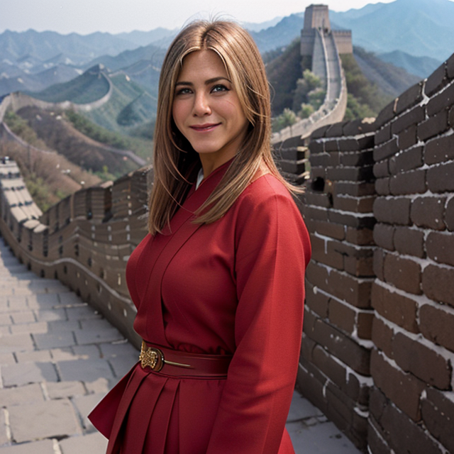 epiCRealism, Jennifer Aniston smiled radiantly, wearing red Japanese style clothes, showing off her figure at the wonder of the Great Wall., full shot, deep photo, depth of field, Superia 400, bokeh, realistic lighting, professional colorgraded, a male