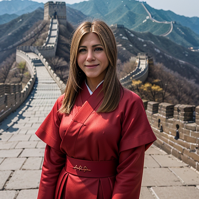 epiCRealism, Jennifer Aniston smiled radiantly, wearing red Japanese style clothes, showing off her figure at the wonder of the Great Wall., full shot, deep photo, depth of field, Superia 400, bokeh, realistic lighting, professional colorgraded, a male