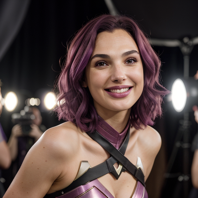 epiCRealism, Gal Gadot with purple-pink hair smiles radiantly, inside the filming backstage, around the green screen, there are many cameras., full shot, deep photo, depth of field, Superia 400, bokeh, realistic lighting, professional colorgraded, a male