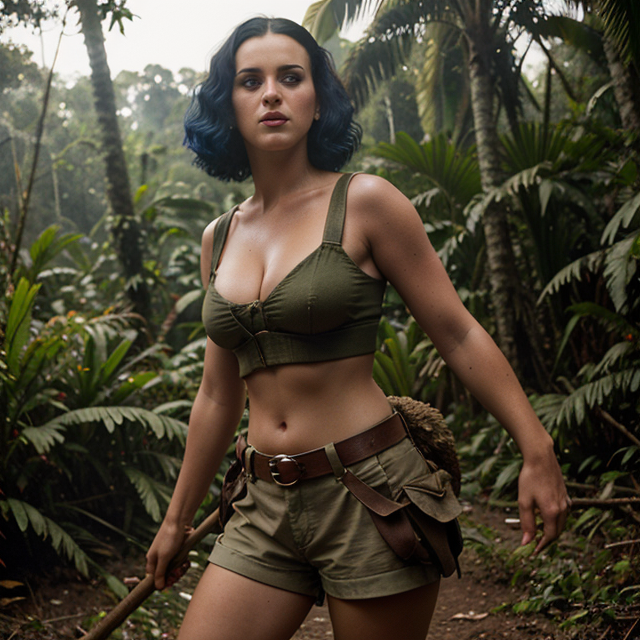 epiCRealism, Katy Perry wears short clothes while doing archeology in the Amazon jungle , full shot, deep photo, depth of field, Superia 400, bokeh, realistic lighting, professional colorgraded, a male