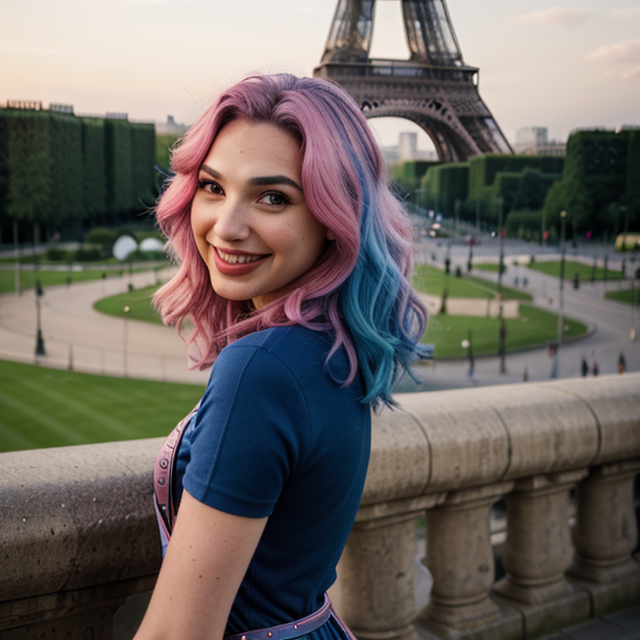 epiCRealism, Gal Gadot with pink and blue hair smiled radiantly, posing next to the Eiffel Tower, full shot, deep photo, depth of field, Superia 400, bokeh, realistic lighting, professional colorgraded, a male