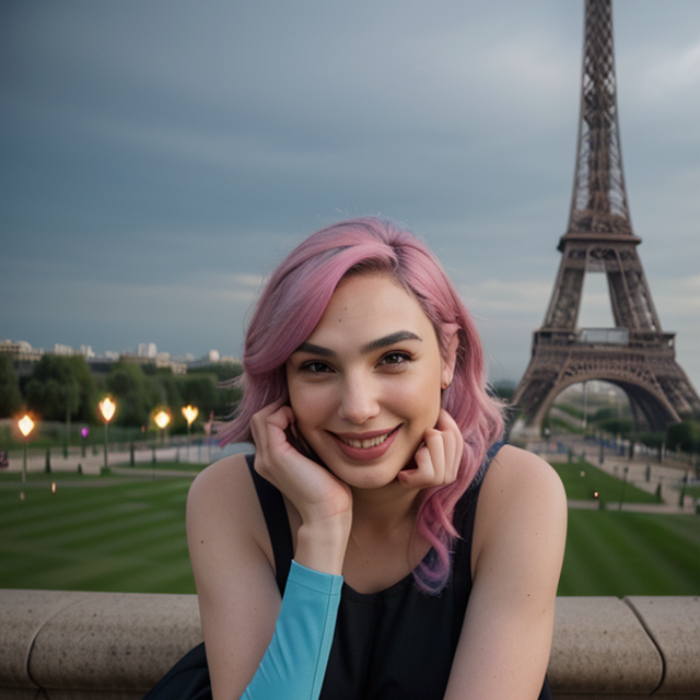 epiCRealism, Gal Gadot with pink and blue hair smiled radiantly, posing next to the Eiffel Tower, full shot, deep photo, depth of field, Superia 400, bokeh, realistic lighting, professional colorgraded, a male