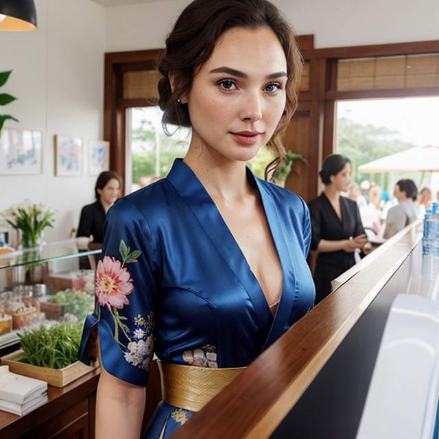 a photo of a beautiful, cute, Gal Gadot diện kimono màu hồng đứng dưới hàng cây anh đào, tóc bay trong gió, bối cảnh ngoài vườn hoa anh đào, standing behind the counter, blue eyes, shiny skin, freckles, detailed skin, price labels, a masterpiece