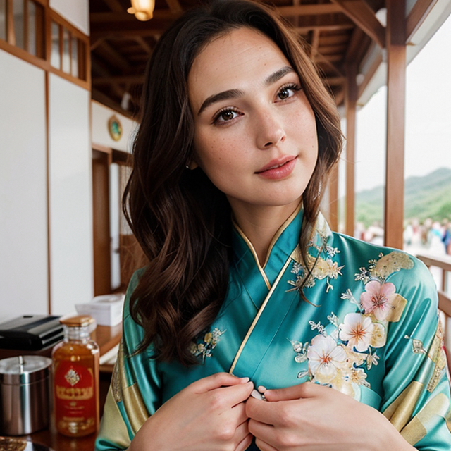 a photo of a beautiful, cute, Gal Gadot diện kimono màu hồng đứng dưới hàng cây anh đào, tóc bay trong gió, bối cảnh ngoài vườn hoa anh đào, standing behind the counter, blue eyes, shiny skin, freckles, detailed skin, price labels, a masterpiece