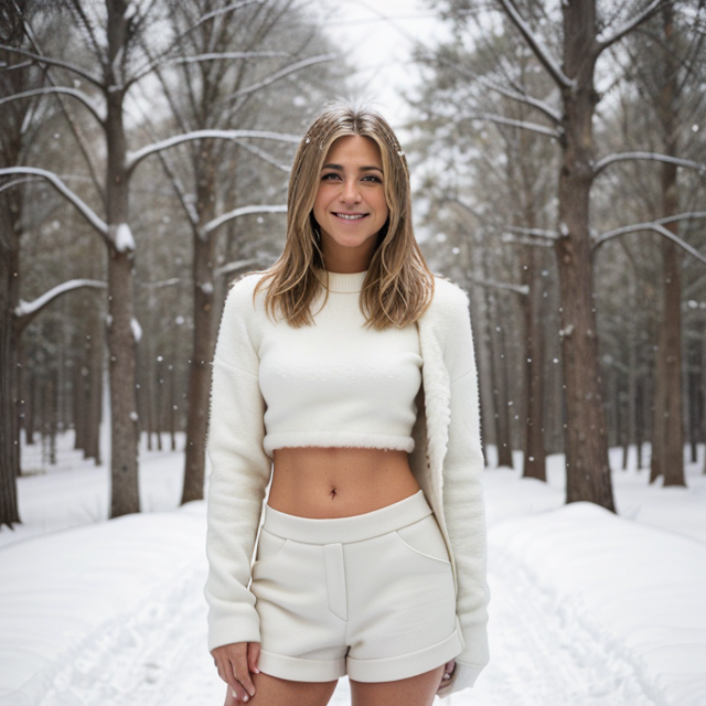 epiCRealism, Jennifer Aniston smiled brightly wearing a white wool crop top, white ankle-length fur shoes, surrounded by white snow., full shot, deep photo, depth of field, Superia 400, bokeh, realistic lighting, professional colorgraded, a male