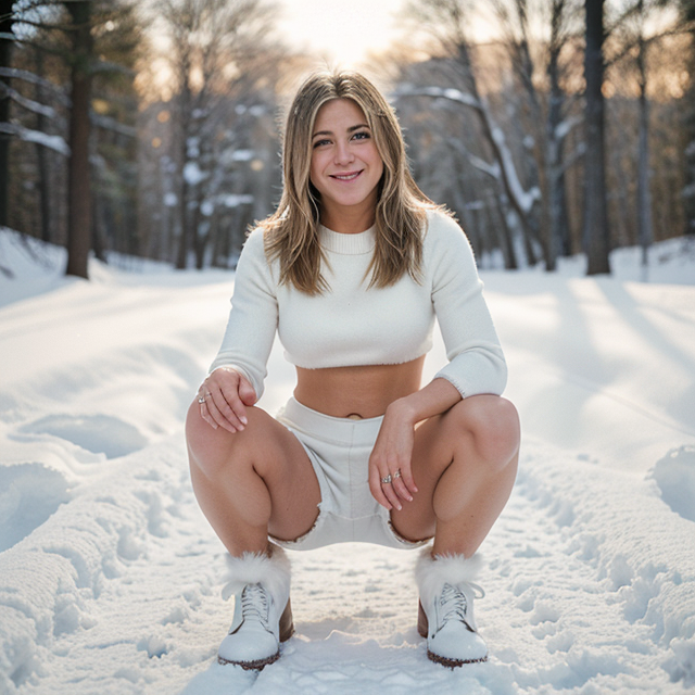 epiCRealism, Jennifer Aniston smiled brightly wearing a white wool crop top, white ankle-length fur shoes, surrounded by white snow., full shot, deep photo, depth of field, Superia 400, bokeh, realistic lighting, professional colorgraded, a male