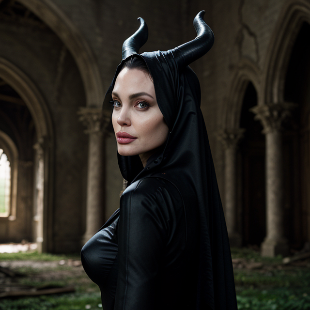 epiCRealism, Angelina Jolie transforms into the mysterious Maleficent inside an abandoned castle, full shot, deep photo, depth of field, Superia 400, bokeh, realistic lighting, professional colorgraded, a male
