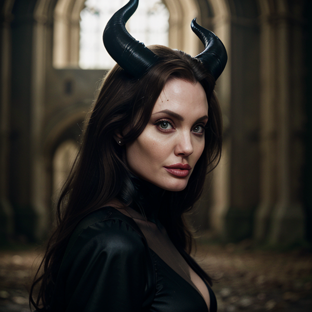 epiCRealism, Angelina Jolie transforms into the mysterious Maleficent inside an abandoned castle, full shot, deep photo, depth of field, Superia 400, bokeh, realistic lighting, professional colorgraded, a male