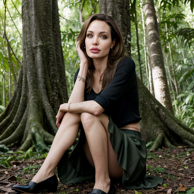 epiCRealism, Angelina Jolie wearing a short skirt is sitting under a big tree to rest in the AMAZON forest , full shot, deep photo, depth of field, Superia 400, bokeh, realistic lighting, professional colorgraded, a male