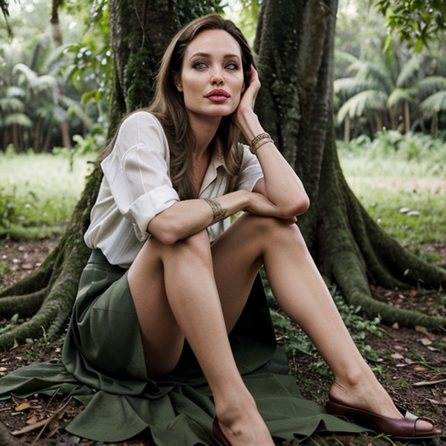 epiCRealism, Angelina Jolie wearing a short skirt is sitting under a big tree to rest in the AMAZON forest , full shot, deep photo, depth of field, Superia 400, bokeh, realistic lighting, professional colorgraded, a male