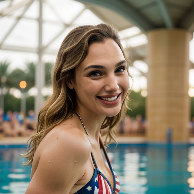epiCRealism, Gal Gadot smiled brightly with blonde hair wearing an American flag bikini, inside a water park, full shot, deep photo, depth of field, Superia 400, bokeh, realistic lighting, professional colorgraded, a male