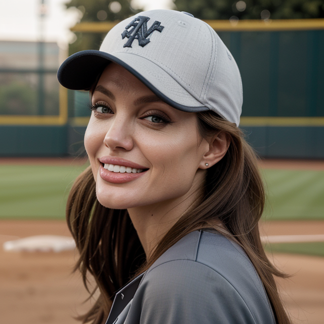epiCRealism, Angelina Jolie smiles while playing baseball, wearing a baseball cap, inside the baseball field, full shot, deep photo, depth of field, Superia 400, bokeh, realistic lighting, professional colorgraded, a male