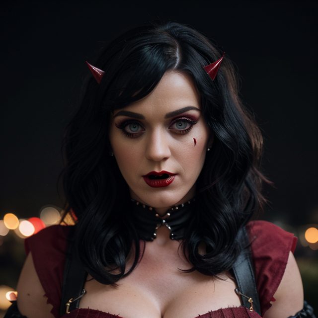 epiCRealism, Katy Perry dressed up for Halloween as a vampire with sharp fangs and fake blood on the corners of her mouth in a Western-style dress with the main colors being black and red., full shot, deep photo, depth of field, Superia 400, bokeh, realistic lighting, professional colorgraded, a male
