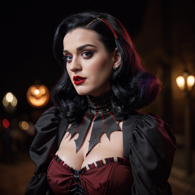 epiCRealism, Katy Perry dressed up for Halloween as a vampire with sharp fangs and fake blood on the corners of her mouth in a Western-style dress with the main colors being black and red., full shot, deep photo, depth of field, Superia 400, bokeh, realistic lighting, professional colorgraded, a male