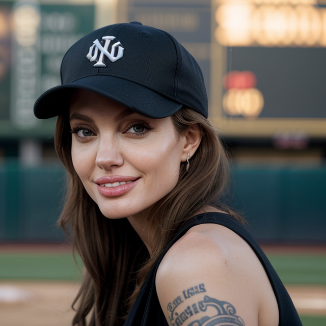 epiCRealism, Angelina Jolie smiles brightly, posing in a baseball field, wearing a NYC cap, full shot, deep photo, depth of field, Superia 400, bokeh, realistic lighting, professional colorgraded, a male