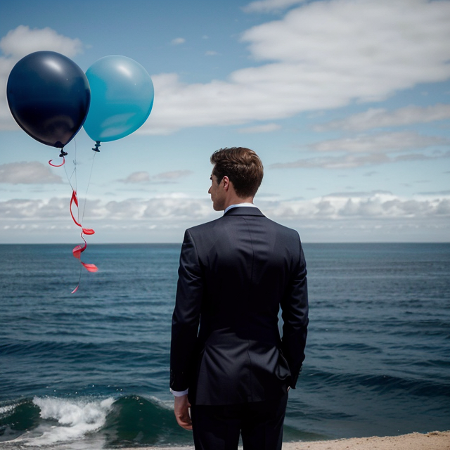 A black and white photograph featuring a man standing by the sea, with his entire body visible, dressed in a well-tailored suit. His back is turned to the camera as he gazes into the distance, evoking a sense of contemplation and solitude. He is holding a bunch of vividly colored balloons in his right hand, which contrast strikingly with the monochromatic background. The balloons are a mix of blue, pink, red, and white, their vibrant hues adding a touch of whimsy and hope to the serene and reflective scene. The sea is calm, and the horizon stretches out infinitely, emphasizing the man’s introspective stance.