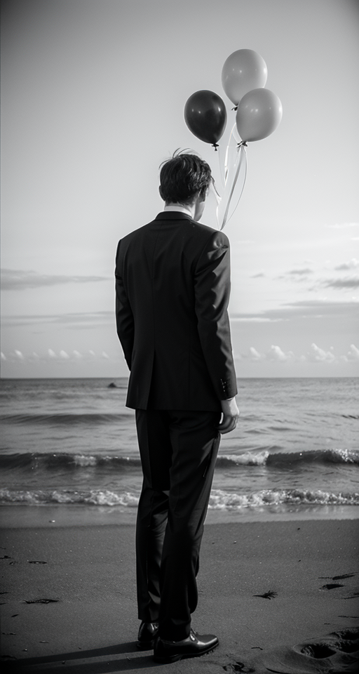 A black and white photograph of a man in a suit standing on the beach by the sea, his whole body visible. The man has his back to the camera and is looking into the distance. He is holding blue, pink, red and white balloons in his right hand. The horizon stretches to infinity, emphasizing the man's introverted posture. The photo is black and white, only the balloons are in vivid color.