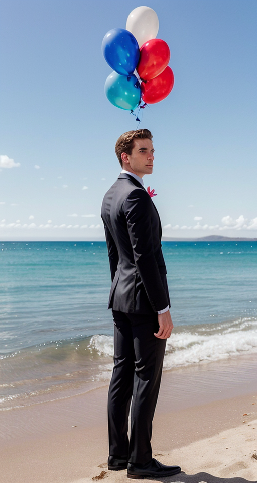 a photo of a beautiful, cute, A black and white photograph of a man in a suit standing on the beach by the sea, his whole body visible. The man has his back to the camera and is looking into the distance. He is holding blue, pink, red and white balloons in his right hand. The horizon stretches to infinity, emphasizing the man's introverted posture. The photo is black and white, only the balloons are in vivid color., standing behind the counter, blue eyes, shiny skin, freckles, detailed skin, price labels, a masterpiece