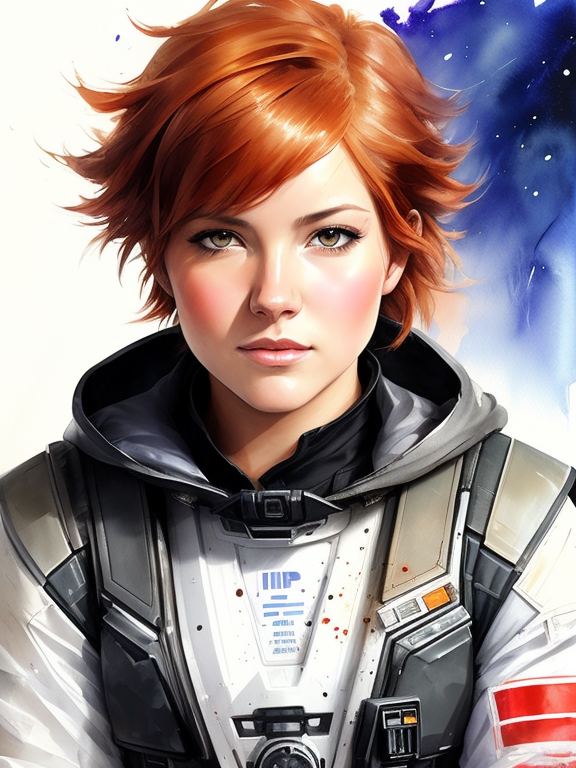In a Star Wars setting, a female scifi scoundrel who has a mischievous glint in her eye; her hair is a shock of bright auburn, cropped short for practicality. Her attire is a practical mix of utility and flair, including a weathered leather jacket adorned with medals from various factions on the front. The background is the cargo space of a space freighter., portrait by Willem Haenraets, watercolor, wet on wet and splattering techniques, centered, perfect composition, abstraction, Unfinished painting of greg rutkowski, in Paul Cézanne art, Waldorf painting method, Light colors, elegant photo, High quality, Spattering technique