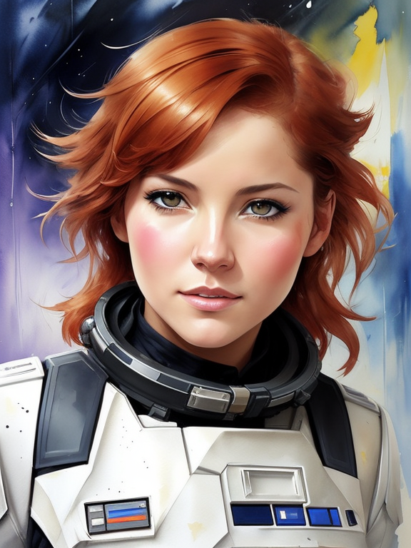 In a Star Wars setting, a female scifi scoundrel who has a mischievous glint in her eye; her hair is a shock of bright auburn, cropped short for practicality. Her attire is a practical mix of utility and flair, including a weathered leather jacket adorned with medals from various factions on the front. The background is the cargo space of a space freighter., portrait by Willem Haenraets, watercolor, wet on wet and splattering techniques, centered, perfect composition, abstraction, Unfinished painting of greg rutkowski, in Paul Cézanne art, Waldorf painting method, Light colors, elegant photo, High quality, Spattering technique