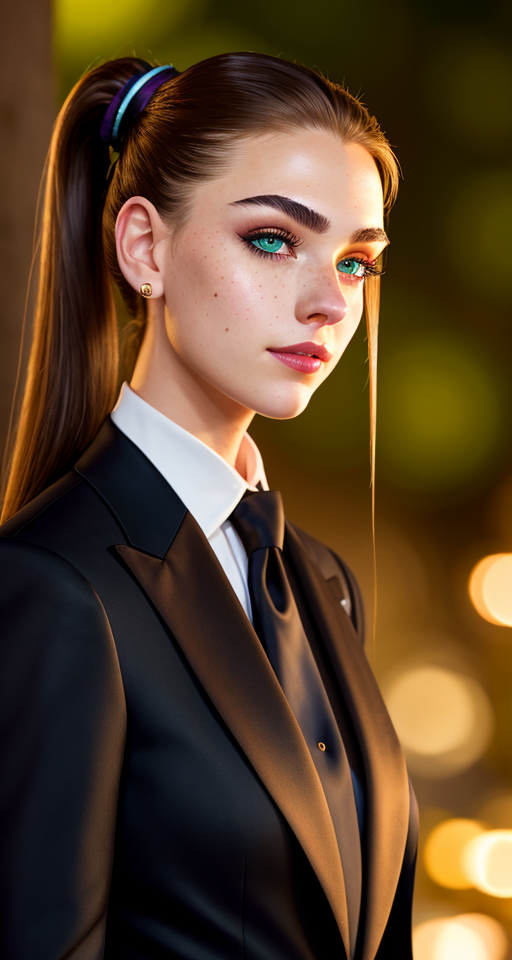 highres, masterpiece, perfect lighting, bloom, night, dark, cinematic lighting, perfect skin, Mysterious beauty dressed in a fitted black suit with a black tie. She has a stoic, almost bored expression., looking at viewer, vivid green eyes, thick eyebrows, parted bangs, freckles, long flowing hair, ponytail, smile