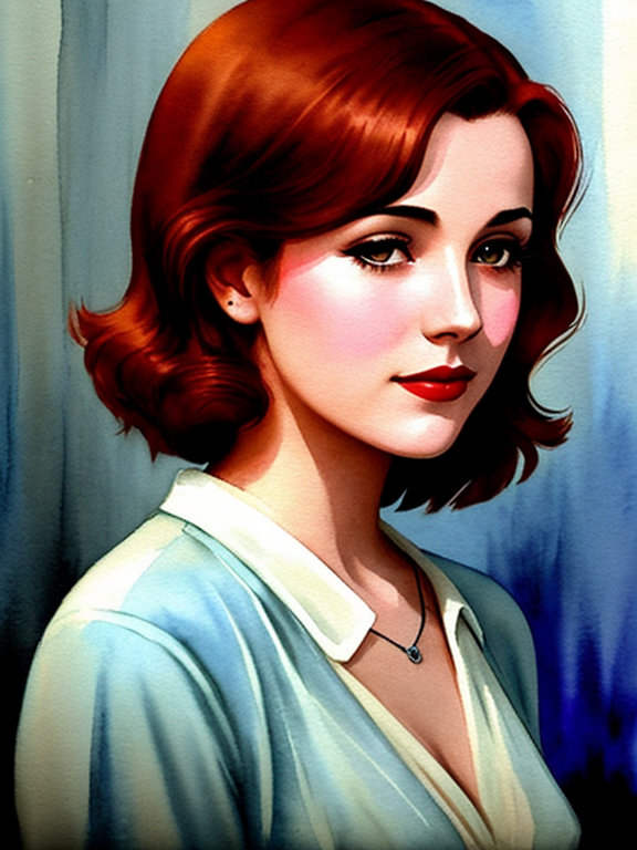 A fictional noir setting in the 1930s. An image in the watercolor style of Brian Rood. A confident and shapely 25-year-old lady detective with auburn hair. 