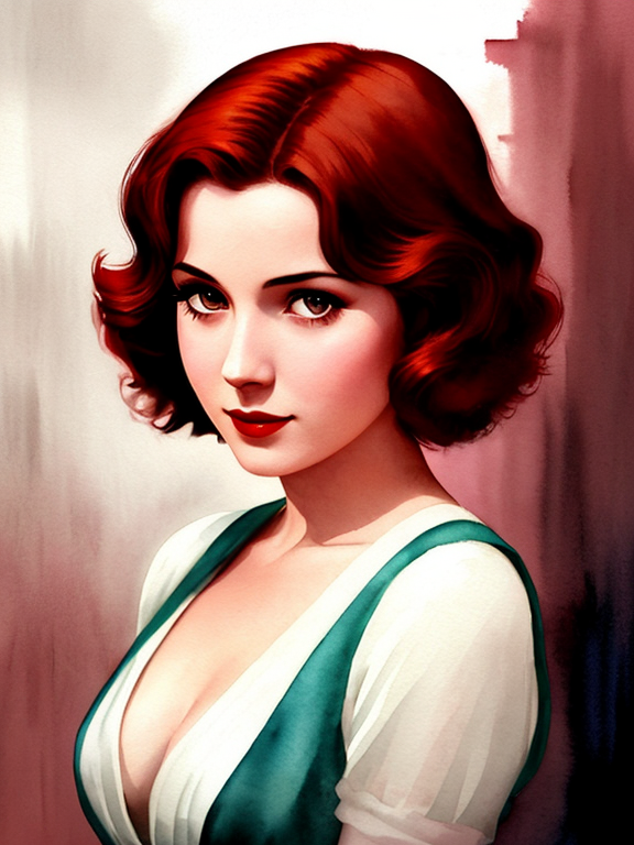 A fictional noir setting in the 1930s. An image in the watercolor style of Brian Rood. A confident and shapely 25-year-old lady detective with auburn hair. 