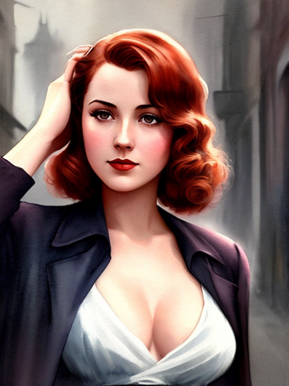 A fictional noir setting in the 1930s. An image in the watercolor style of Brian Rood. A confident and buxom 25-year-old lady detective with auburn hair. 