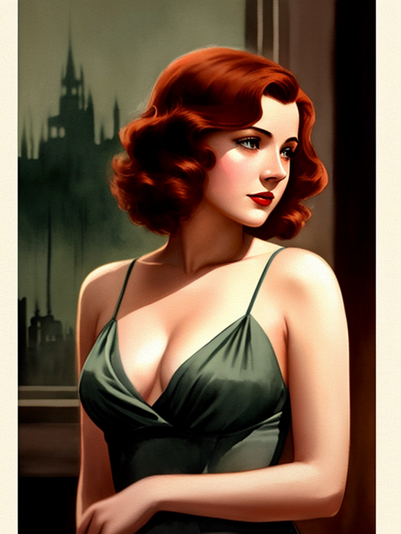 A fictional noir setting in the 1930s. An image in the watercolor style of Brian Rood. A confident and buxom 25-year-old lady detective with auburn hair. 