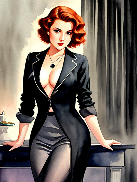 A noir setting in 1933. An image in the watercolor style of Brian Rood of a confident and buxom 25-year-old lady detective with auburn hair. She is dressed in a tailored suit that flatters her curves.