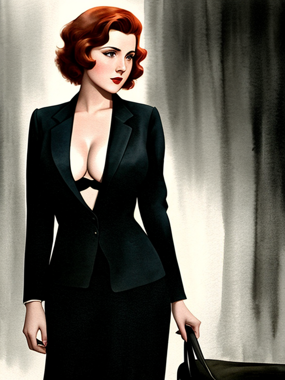A noir setting in 1933. An image in the watercolor style of Brian Rood of a confident and buxom 25-year-old lady detective with auburn hair. She is dressed in a tailored suit that flatters her curves.