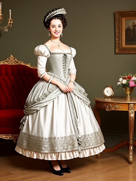 A full body shot of beautiful, full bodied Lady from the 18th century. She is wearing a fine baroque dress. She is flirty with a wide, happy smile