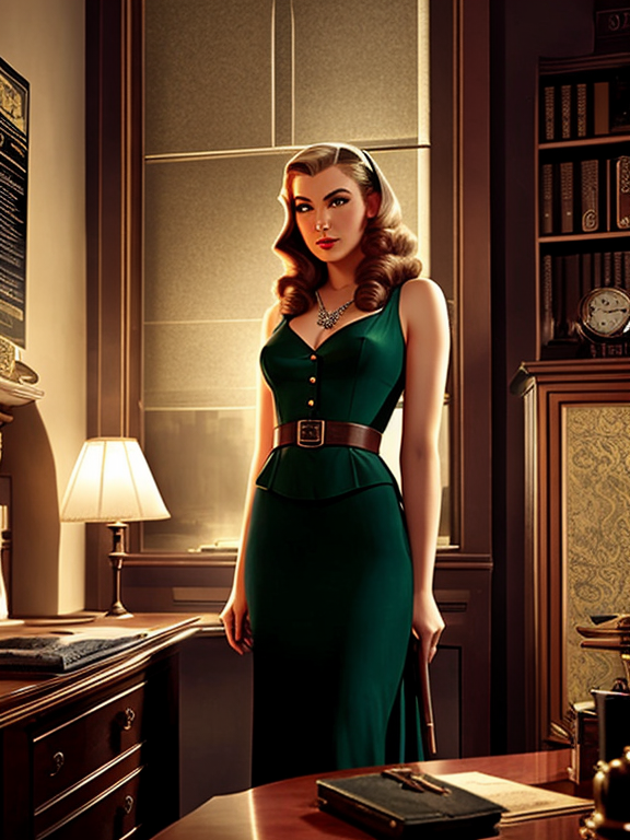 In a 1940s noir fantasy setting, a color image of a gorgeous Elven femme fatale in a detective's office. 