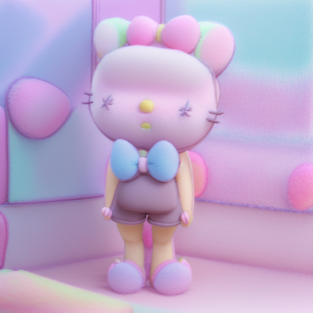 Hello kitty, black hair, 3d, pink clothes with bows, gamer room as backgroud, standing character, soft smooth lighting, soft pastel colors, Scottie young, 3d blender render, polycount, modular constructivism, pop surrealism, physically based rendering, square image, Tiny cute