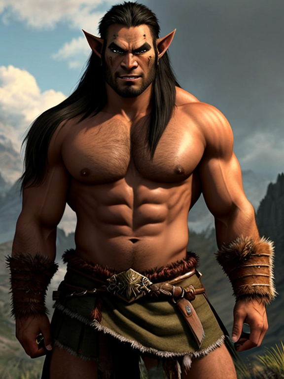 handsome warrior human-orc, strong, handsome, shirtless, muscular, hairy muscular body