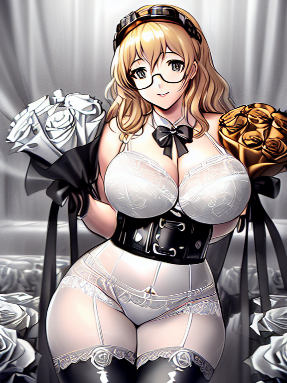 black and white realistic drawing of a sexy woman, blonde, anime style, big breasts, holding a bouquet of roses, wearing white lingerie, details, simple, 2D, thick black lines, no grayscale, detailed, black and white only, ((best quality)), (highly detailed)), Masterpiece, ((official art)), (detailed eyes, deep eyes), (1girl:1, 33, solo), low-tied long hair,  hair rings, Medium breasts,  wide hips, thick thighs, ((:p)), skin tight, Latex, thigh boots,  (goggles, goggles on head), (white gloves), belt