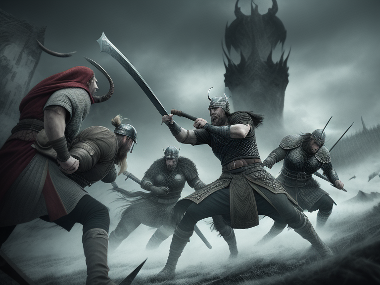 Norse battle scene with one guy getting absolutely slaughtered, Photoshop, Deviantart