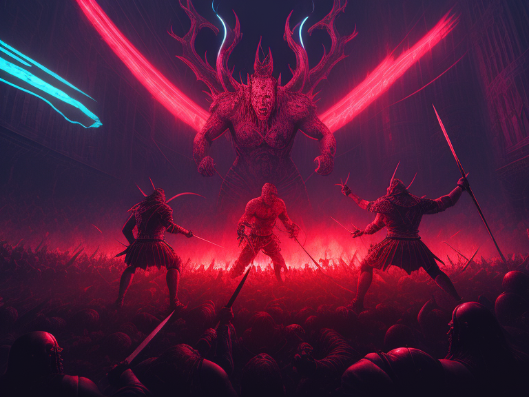 One sided Norse battle scene with one guy getting absolutely slaughtered.  Include blood, gore and neon lights, Photoshop, Deviantart