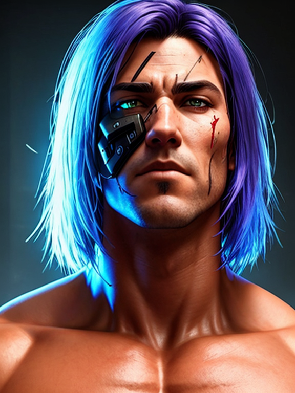 Cyberpunk killer cowboy huge muscles scar on face