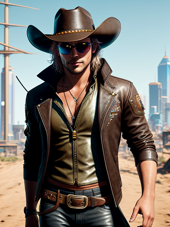 male, portrait, brown leather cowboy outfit with cowboy hat, In cyberpunk 2077, tinted sun glasses, Polished Chrome mechanical breathing mask , art by wayne reynolds and heath ledger, very Intricate, Highly detailed, Digital painting, Artstation, Concept art, Sharp focus,