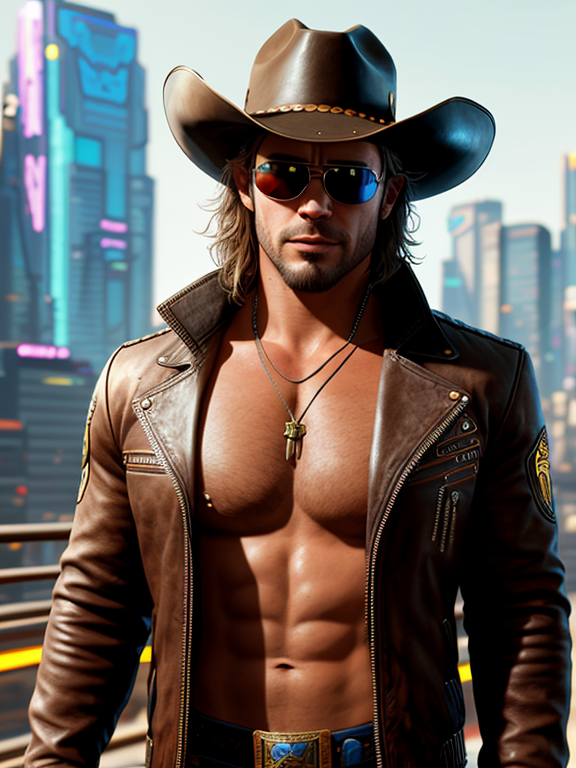 male, huge muscles, portrait, brown leather cowboy outfit with cowboy hat, In cyberpunk 2077, tinted sun glasses, Polished Chrome mechanical breathing mask , art by wayne reynolds and heath ledger, very Intricate, Highly detailed, Digital painting, Artstation, Concept art, Sharp focus,